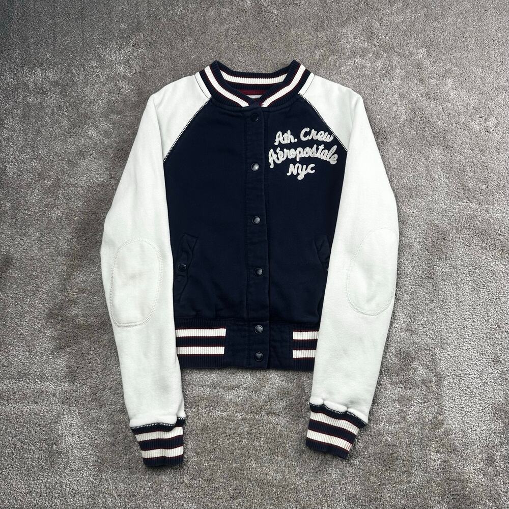 Aeropostale Varsity Bomber Jacket Size S Navy Cream Snap Front NYC Y2K Normcore